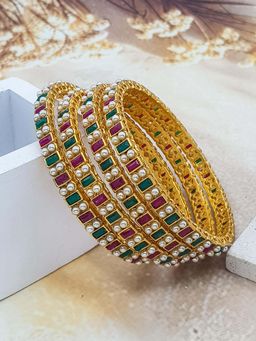 GRIIHAM - Women Pearls and Stones Gold Plated Bangles (Pack of 4)