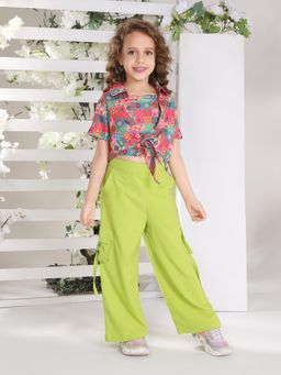 Mini Stitch - Ministitch Jacket Crepe Half Sleeve Graphic Printed Co-Ord - Green (Set of 3)