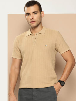 CLAPTON - Men Beige Self Design Polo T-Shirt