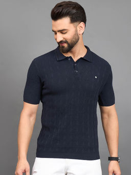 CLAPTON - Men Blue Self Design Polo T-Shirt