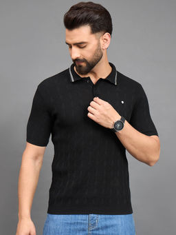 CLAPTON - Men Black Self Design Polo T-Shirt