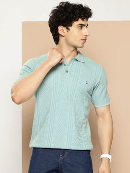 CLAPTON - Men Aqua Self Design Polo T-Shirt