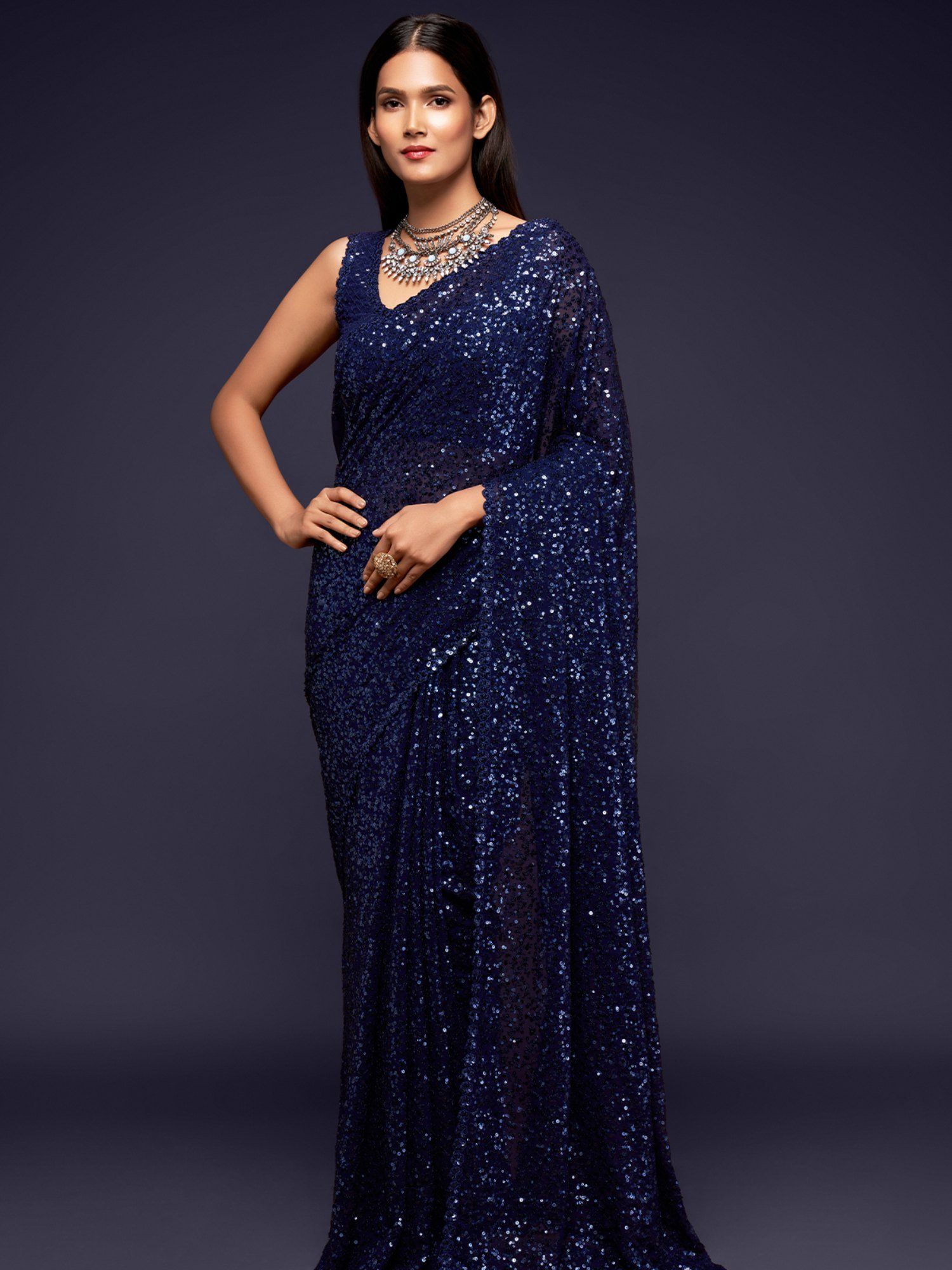 odette Women's Navy Blue Georgette Designer Sequins Saree with Unstitched Blouse-picture-10