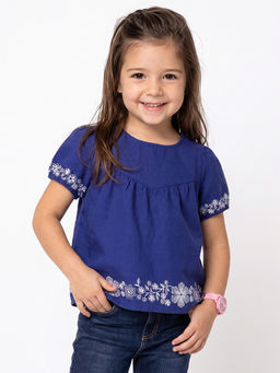 United Colors of Benetton - Navy Blue Regular Fit Round Neck Embroidered Top