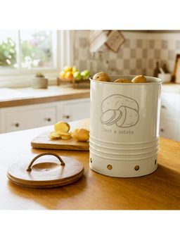 Ellementry - Egg Shell Metal Airtight Potato Storage Box With Wooden Lid for Kitchen