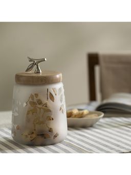 Ellementry - Twiggy Frosted Glass Jar With Wooden Lid for Kitchen Storage (Tall)