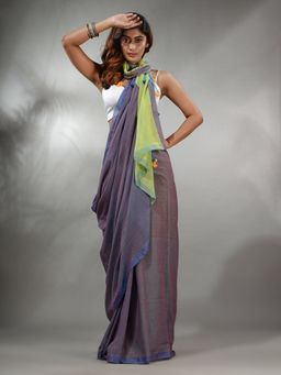 CHARUKRITI - Aegean Blue Cotton Handspun Soft Saree with Light Green Pallu & Unstitched Blouse