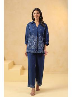 SAVI - Blue Cotton Embroidery Designer Co-Ord