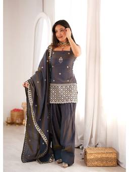 THE52 - Grey Women's Embroidery Vichitra Silk Kurta with Salwar and Dupatta