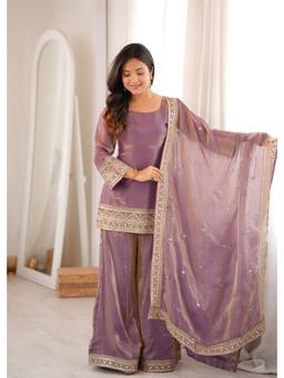 THE52 - Pink Women's Embroidery Frendy Silk Kurta with Palazzo and Dupatta