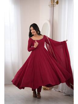 THE52 - Maroon Women's Embroidery Anarkali Kurta with Pant and Dupatta