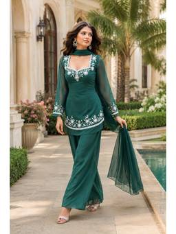 THE52 - Green Women's Embroidery Georgette Kurta with Palazzo and Dupatta