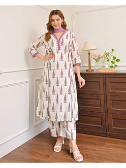 THE52 - Purple Women's Printed Cotton Kurta with Pant and Dupatta