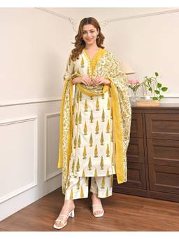 THE52 - Yellow Women's Printed Cotton Kurta with Pant and Dupatta