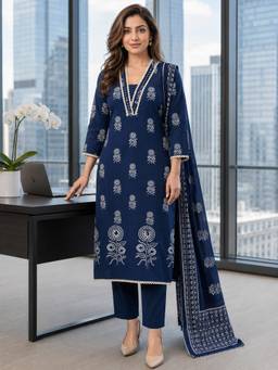 BERRYLICIOUS - Navy Blue Women Cotton Mirror Embellished Kurta with Pant and Dupatta