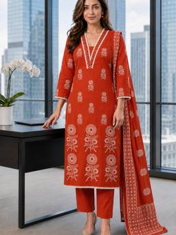 BERRYLICIOUS - Women Rust Cotton Mirror Embellished Kurta with Pant and Dupatta