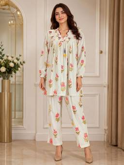 Indisangam - Women's Off White Mul Chanderi Floral Printed A-Line Co-Ord