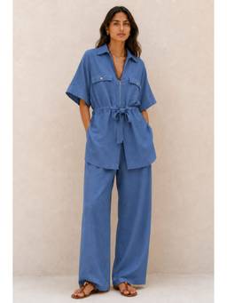 Indisangam - Women's Blue Cotton Slub Solid Gathered Co-Ord