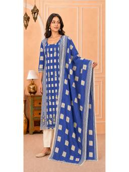 Indisangam - Women's Navy Blue Cotton Printed Straight Kurta with Pant and Dupatta