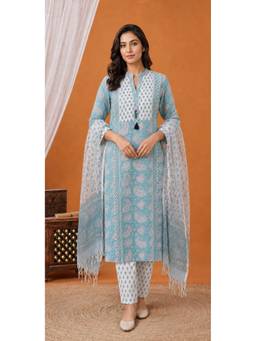 Indisangam - Women's Blue Cotton Printed Straight Kurta with Pant and Dupatta