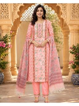Indisangam - Women's Peach Cotton Printed Straight Kurta with Pant and Dupatta