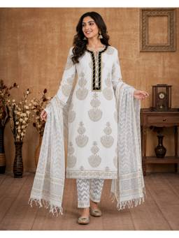 Indisangam - Women's Off White Cotton Printed Straight Kurta with Pant and Dupatta