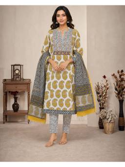 Indisangam - Multi-Color Women's Cotton Printed Kurta with Pant and Dupatta