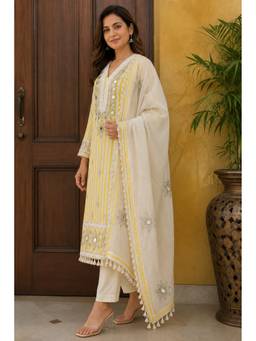 Indisangam - Women's Yellow Cotton Embroidered A-Line Kurta with Pant and Dupatta
