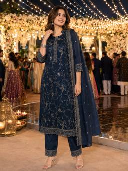 BERRYLICIOUS - Navy Blue Women Silk Sequinned Floral Kurta with Trouser and Dupatta