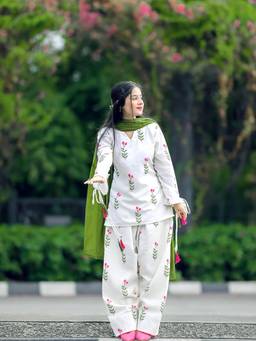 THE52 - Green Women's Printed Cotton Fabric Kurta with Salwar and Dupatta