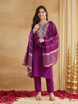 THE52 - Purple Women's Embroidery Viscose Rayon Kurta with Pant and Dupatta