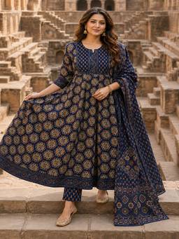 BERRYLICIOUS - Women Blue Bead Printed Anarkali Kurta with Pant and Dupatta
