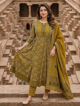 BERRYLICIOUS - Green Women Bead Printed Anarkali Kurta with Pant and Dupatta