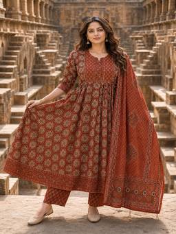 BERRYLICIOUS - Women Rust Bead Printed Anarkali Kurta with Pant and Dupatta