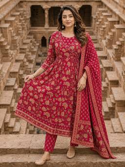 BERRYLICIOUS - Women Pink Bead Printed Anarkali Kurta with Pant and Dupatta