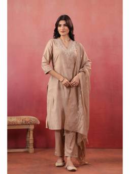 SAVI - Beige Silk Embroidered Designer Kurta with Pant and Dupatta