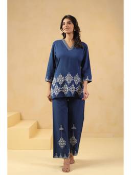 SAVI - Blue Cotton Flex Embroidered Designer Co-Ord