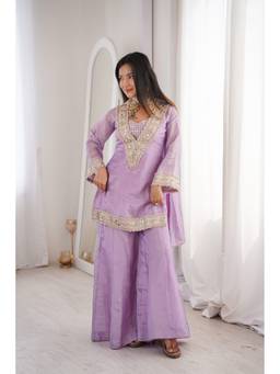 THE52 - Purple Women's Embroidery Georgette Kurta with Palazzo and Dupatta