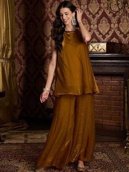 THE52 - Gold Women's Gorgeous Solid Fendy Satin Kurta with Palazzo