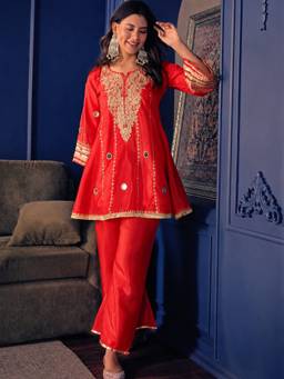THE52 - Red Women's Embroidery Work Silk Crepe Fabric Flared Kurta with Pant