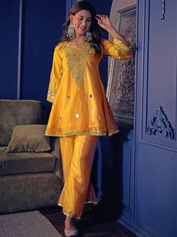 THE52 - Yellow Women's Embroidery Silk Crepe Fabric Flared Kurta with Pant