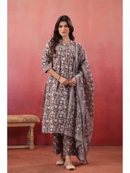 SAVI - Brown Cotton Embroidered Kurta Pant Set With Dupatta