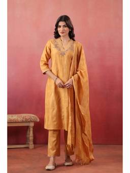 SAVI - Mustard Silk Embroidered Designer Kurta with Pant and Dupatta