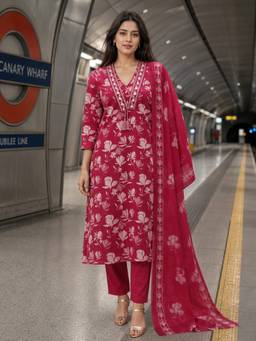 BERRYLICIOUS - Women Pink Floral Printed and Embroidered Kurta with Pant and Dupatta