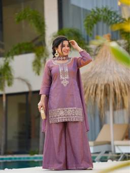 THE52 - Lavender Women's Gorgeous Embroidery Kurta with Sharara and Dupatta