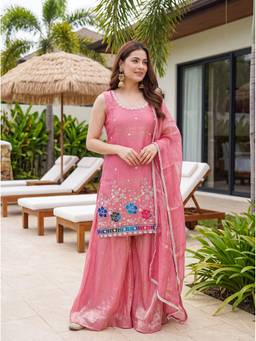 THE52 - Pink Women's Embroidery Silk Satin Kurta with Sharara and Dupatta