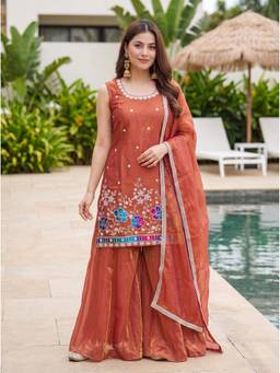 THE52 - Brown Women's Gorgeous Embroidery Kurta with Sharara and Dupatta
