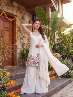 THE52 - Off White Women's Gorgeous Embroidery Kurta with Sharara and Dupatta