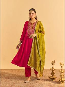 THE52 - Pink Women's Embroidery Silk Anarkali Kurta with Pant and Dupatta