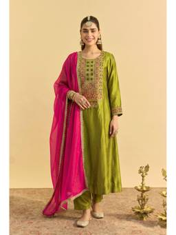 THE52 - Green Women's Embroidery Silk Anarkali Kurta with Pant and Dupatta